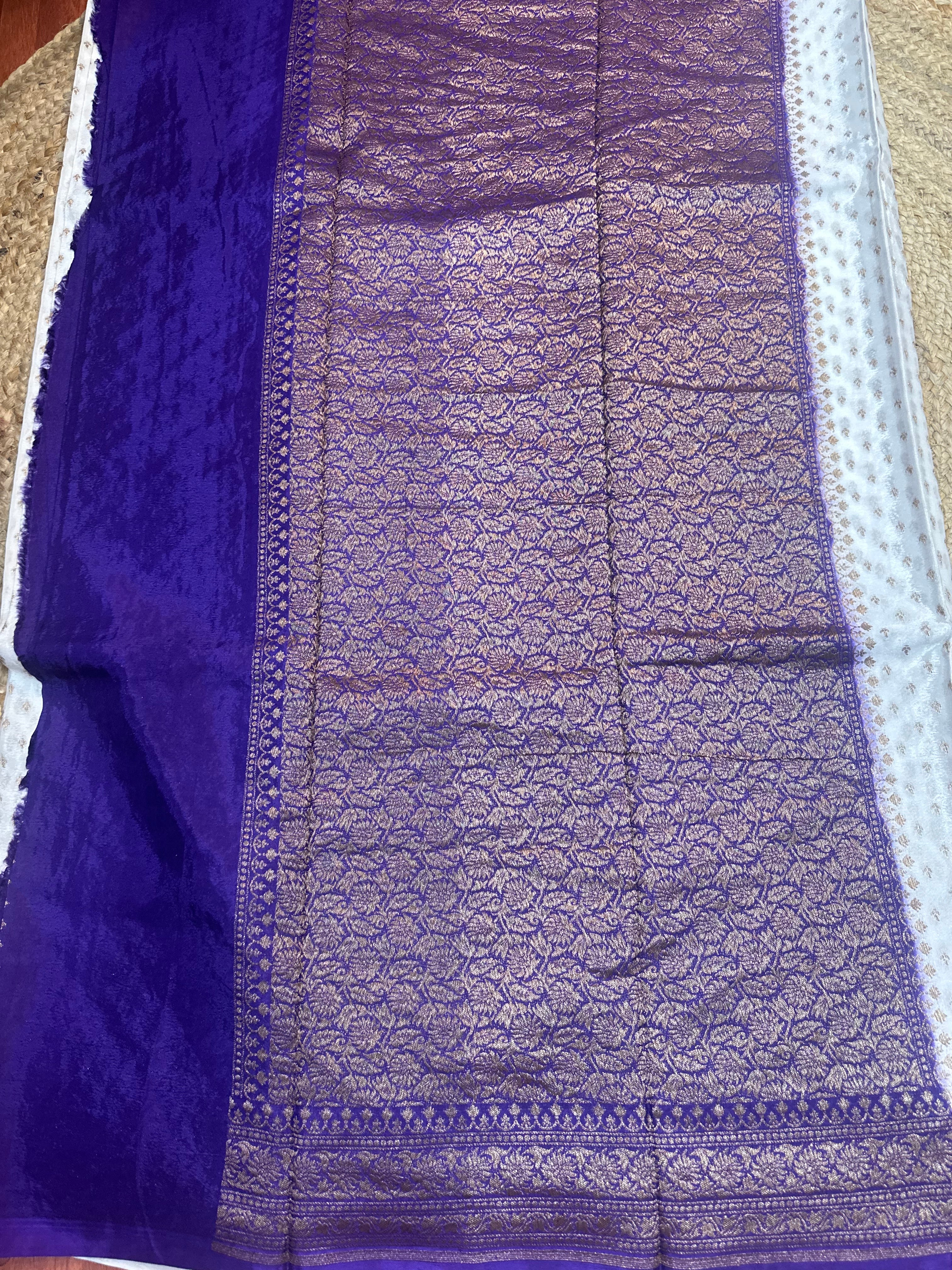 Purple and white crepe chiffon sarees