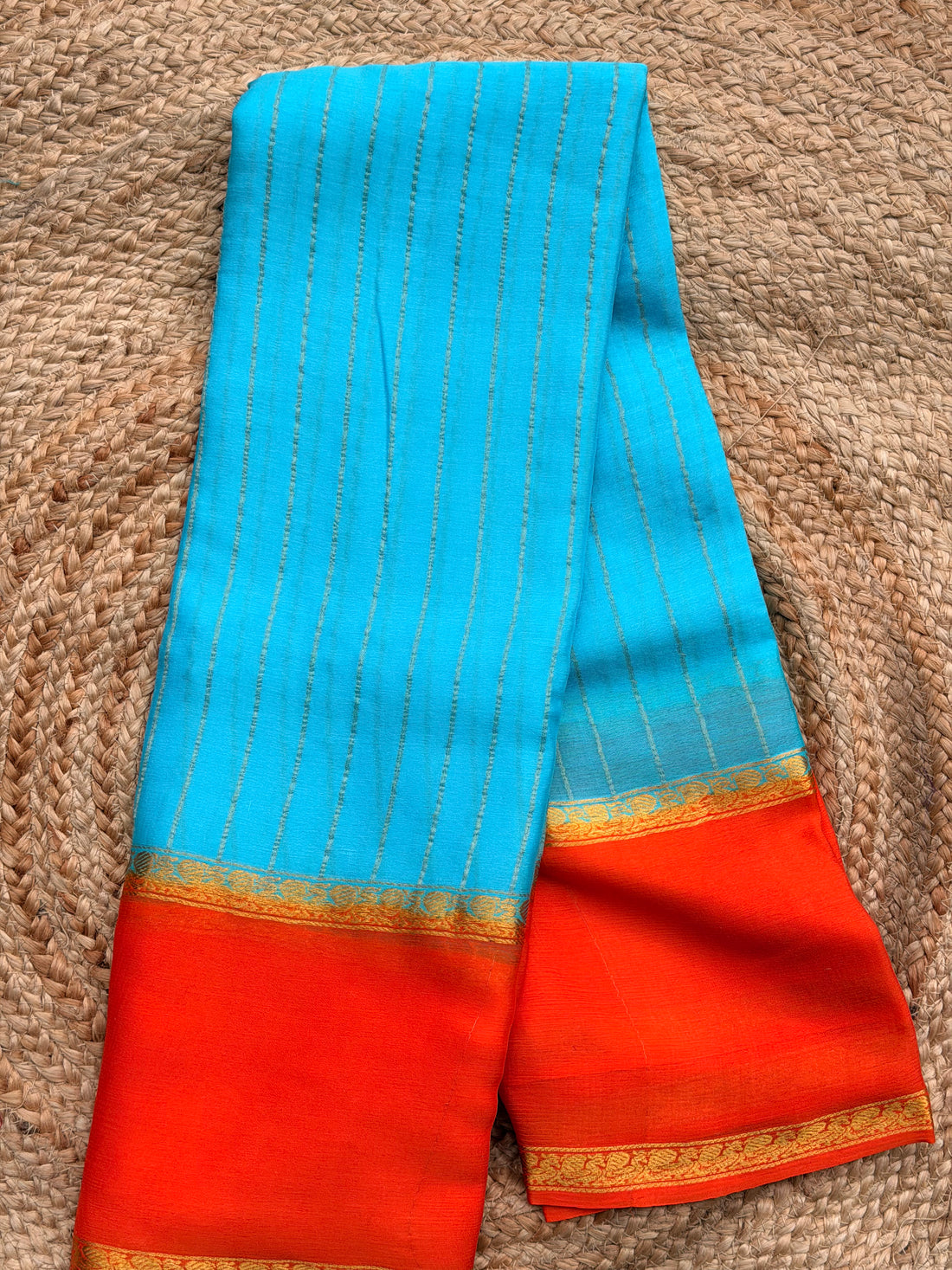 Sky blue with orange pure wrinkle crepe silk certified