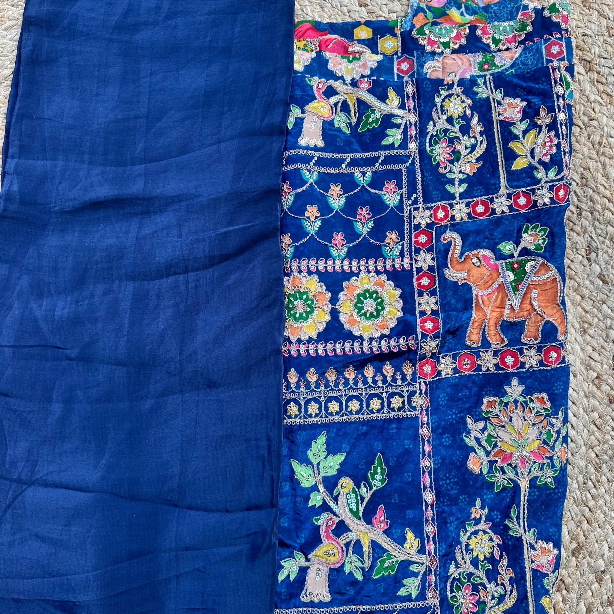 Deep blue pure crepe plain sarees with brocade blouse