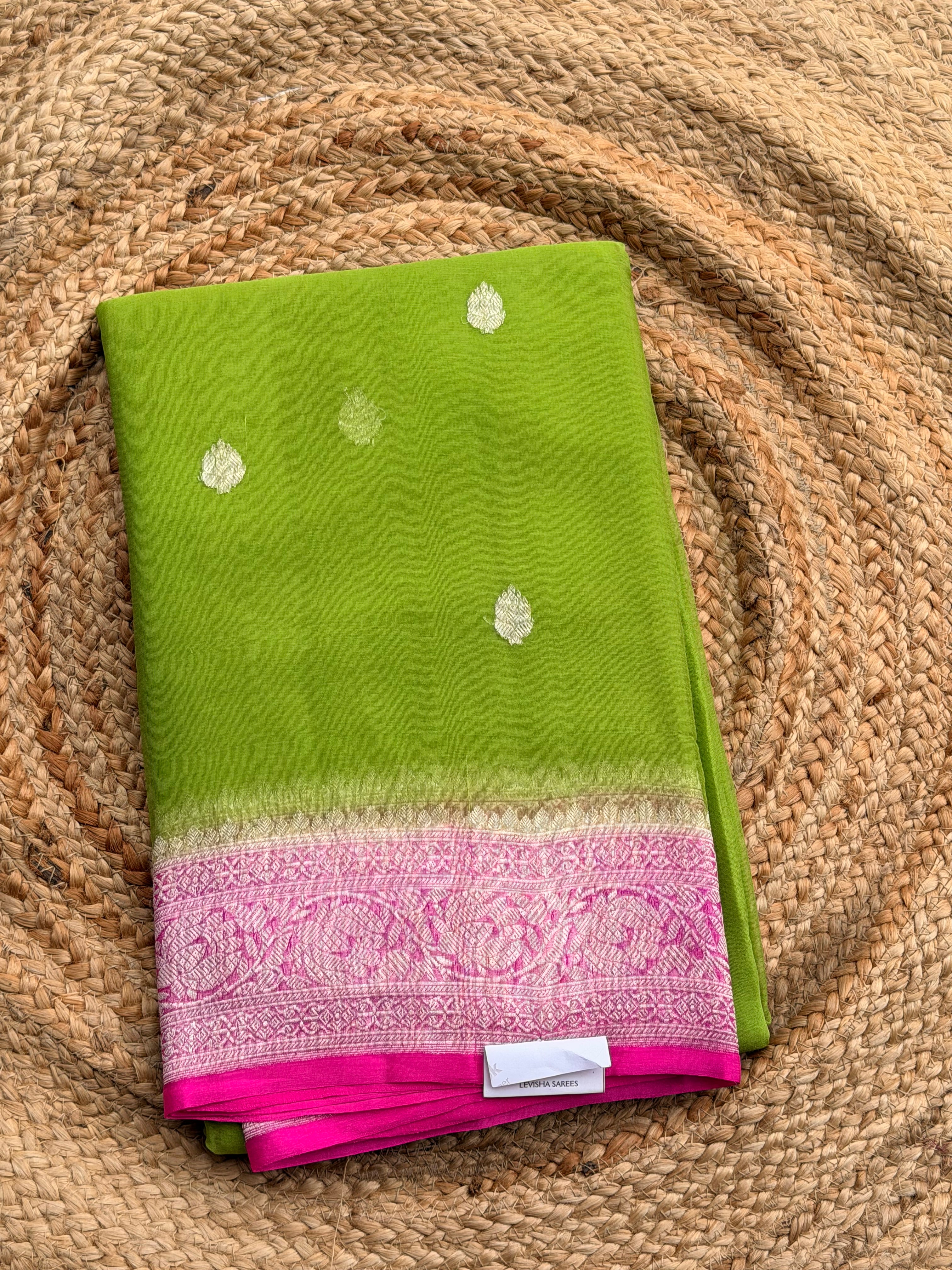 Parrot green with pink border Banarasi pure khadi chiffon saree sliver zari woven
