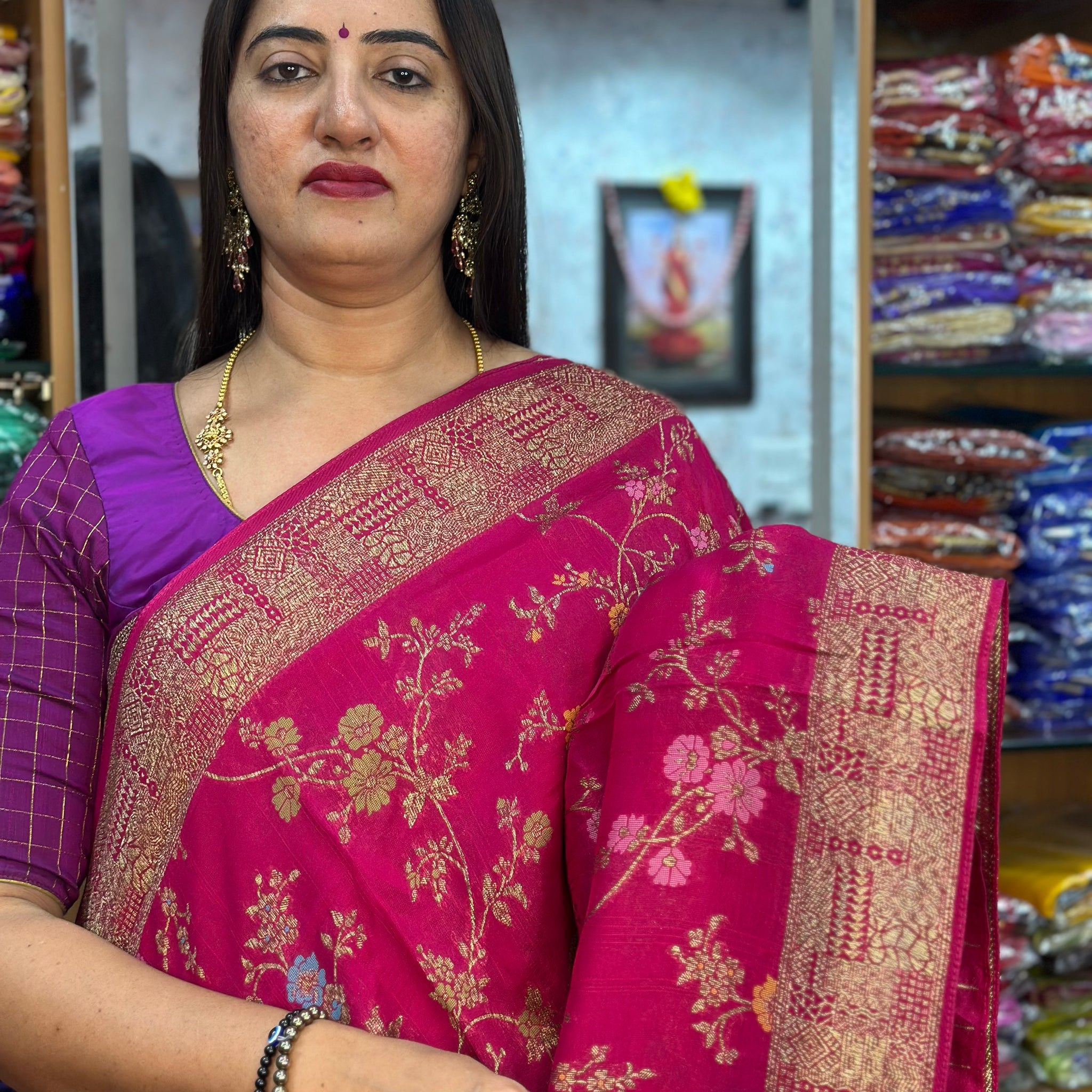 Rani pink tusser Banaras sarees with meenakari weaving