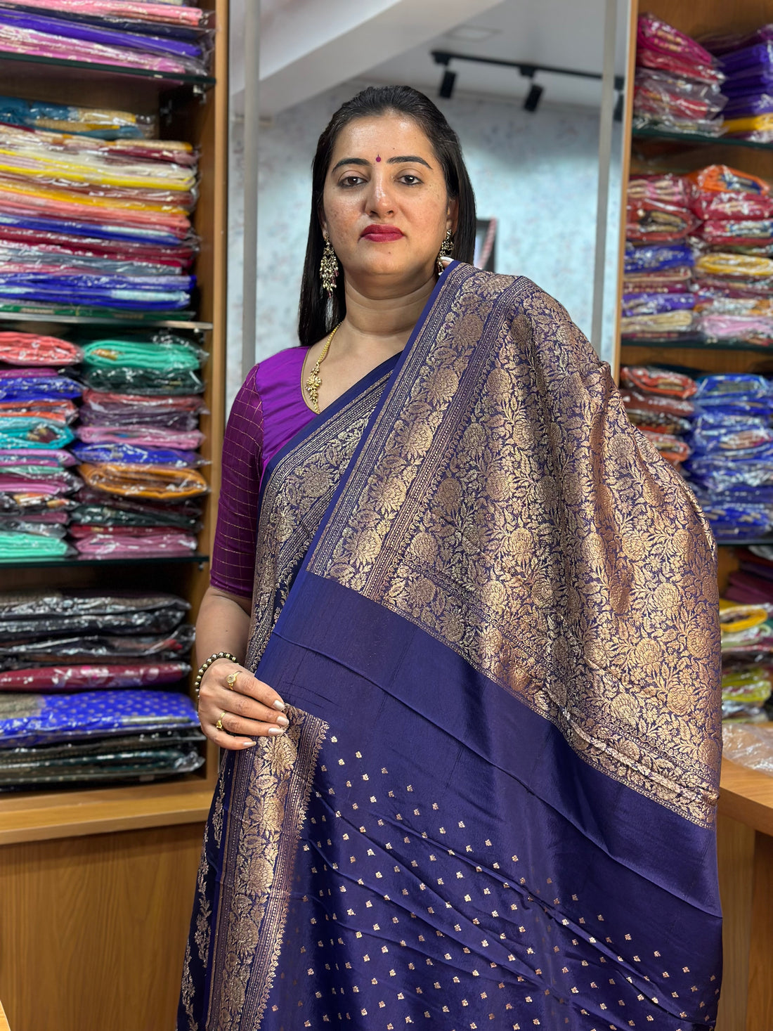 Deep blue crepe chiffon jaal pattern Saree