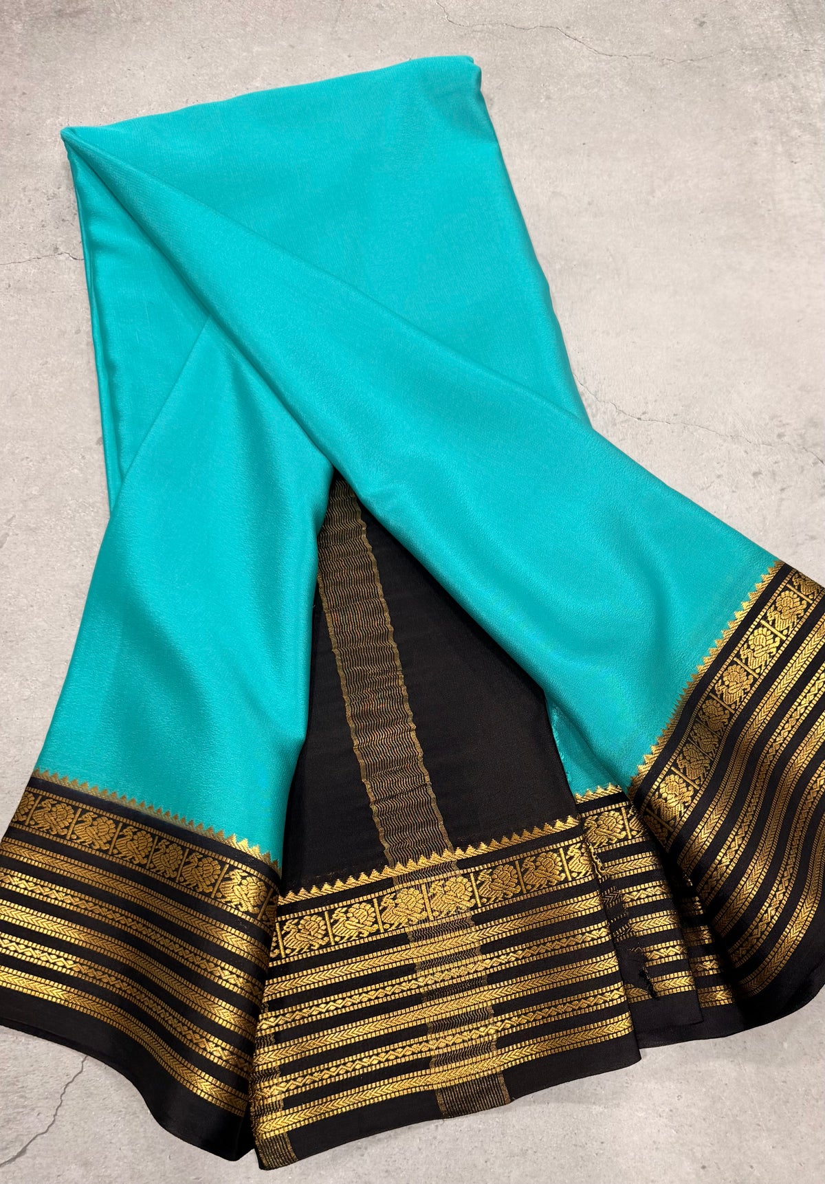 Light Rama green stripes border pure Mysore silk crepe saree