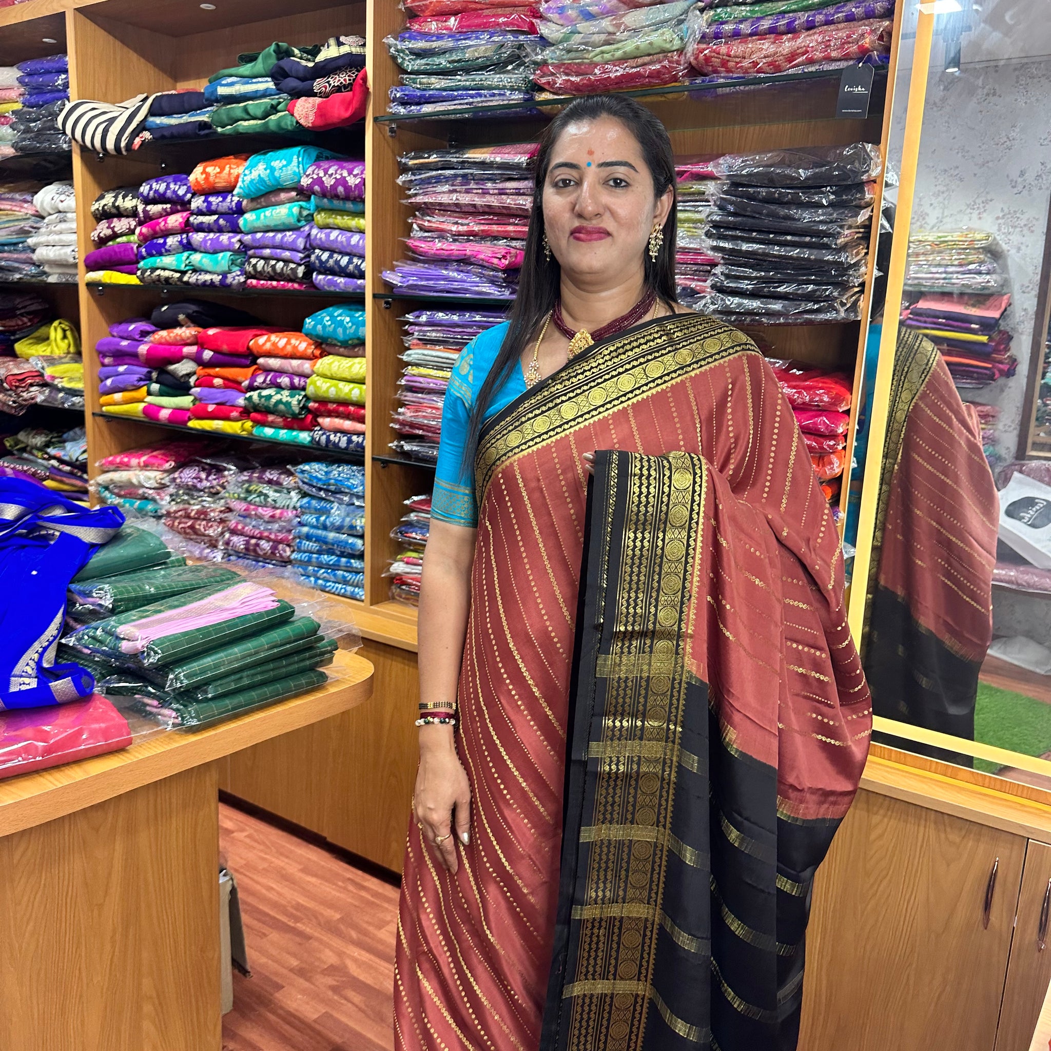 Dark peach with black pure crepe Mysore Silk sarees 120 gsm