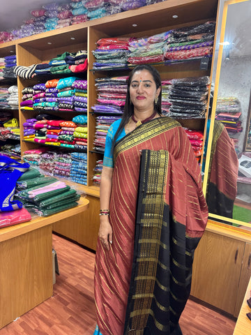 Dark peach with black pure crepe Mysore Silk sarees 120 gsm