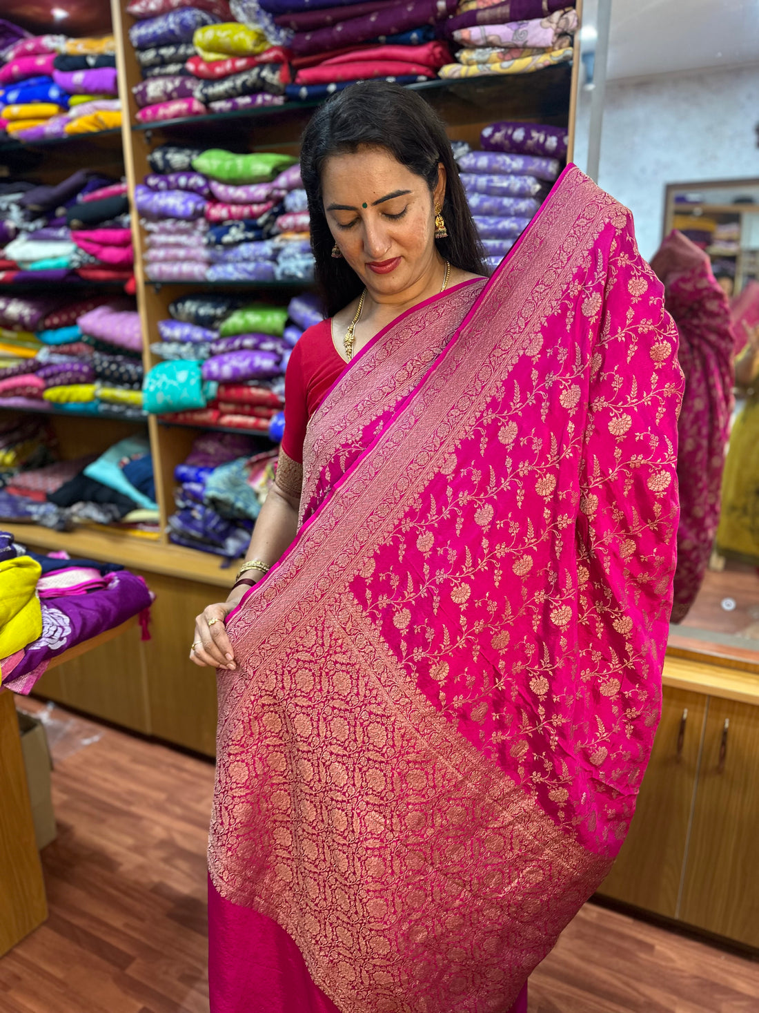 Rani pink pure crepe Banaras jaal pattern with butta blouse