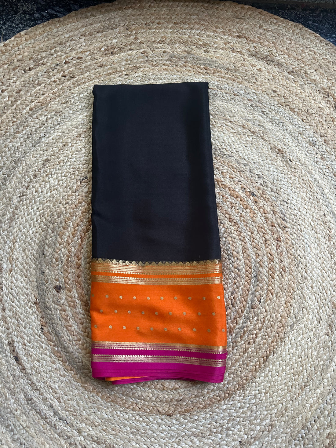 Black and orange and pink pure crepe Mysore Silk sarees 100 gsm