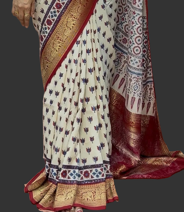 White small butta Kanchi border pure Ajrak dola sarees