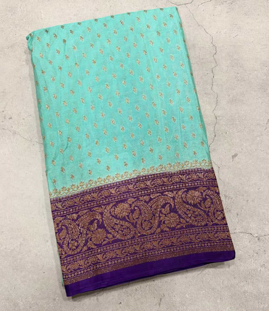 Aqua green pure Banarasi crepe chiffon 107 with antique zari saree
