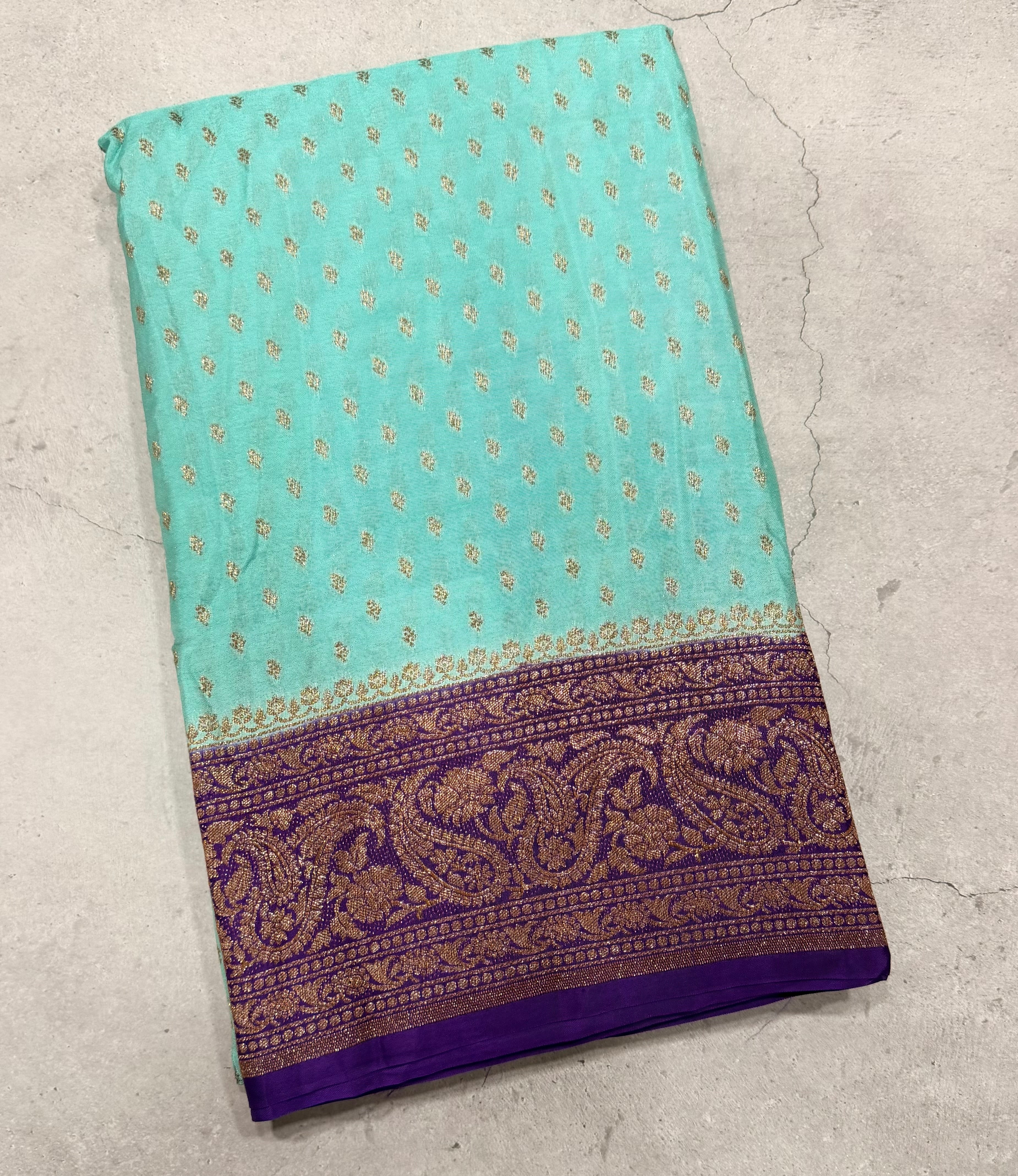 Aqua green pure Banarasi crepe chiffon 107 with antique zari saree