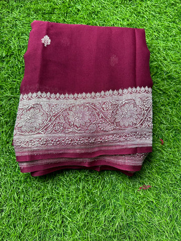 Wine pure khaddi chiffon sarees.