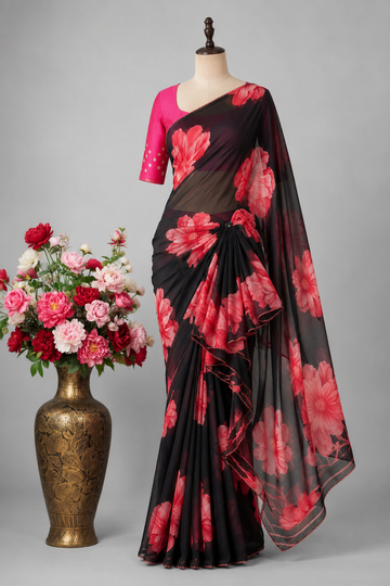 Black n floral chiffon party wear saree
