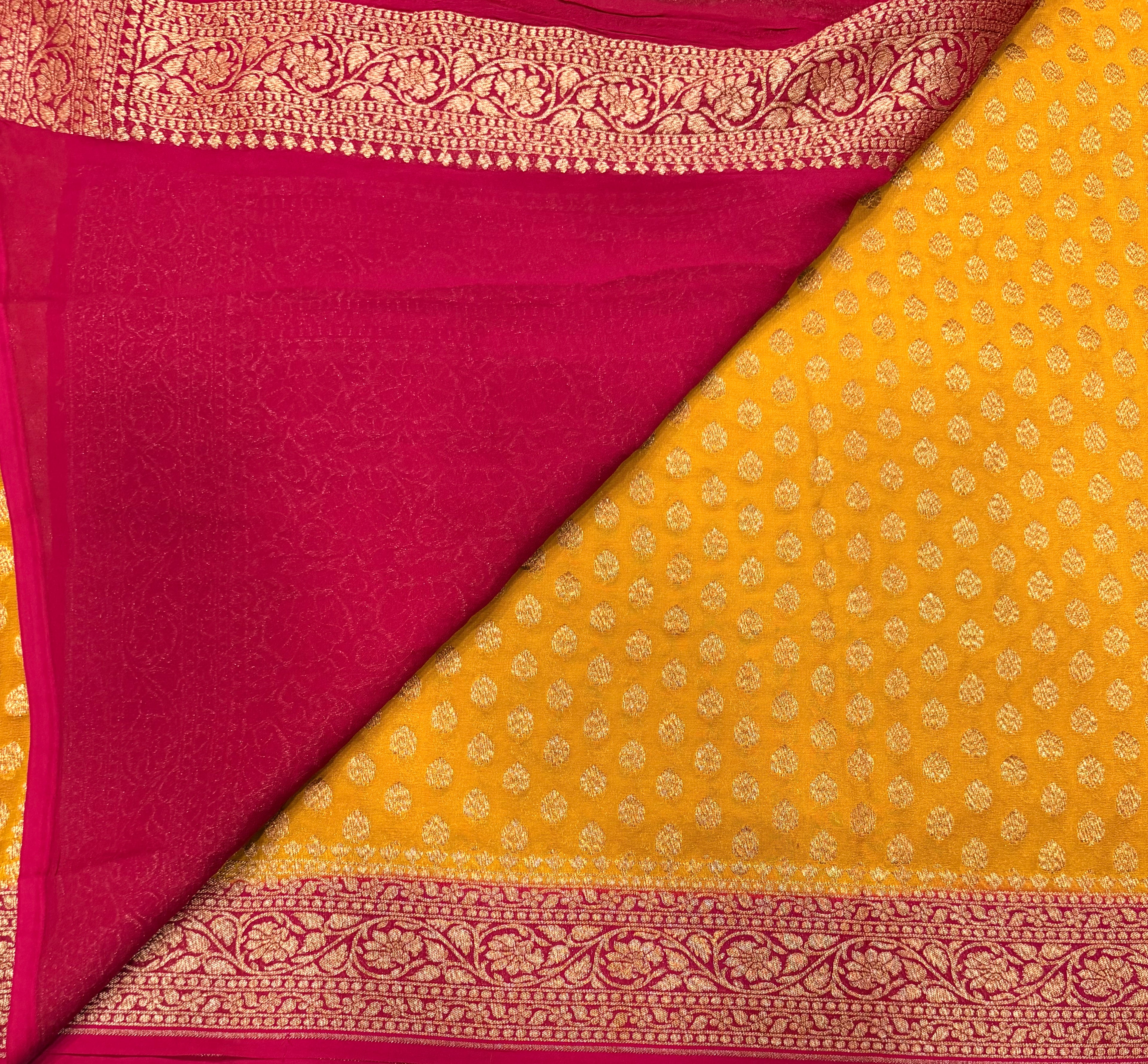 Mustard yellow small butta pure Banarasi khaddi georgette saree