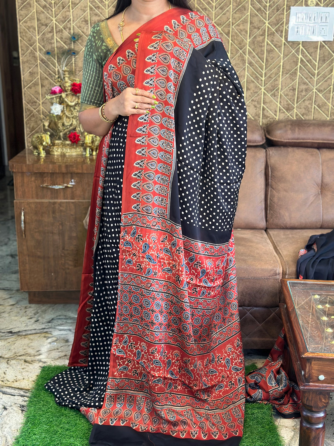 Black with red Ajrak  modal silk sarees.