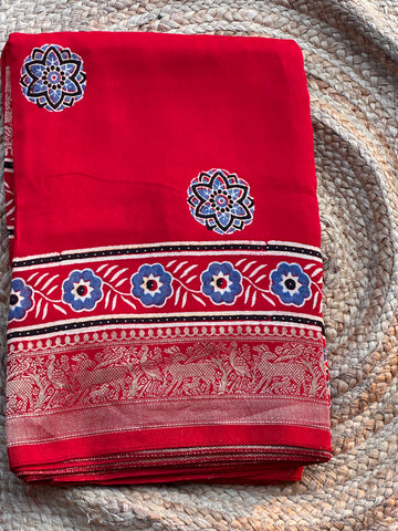 Hot red pure Ajrak dola silk sarees