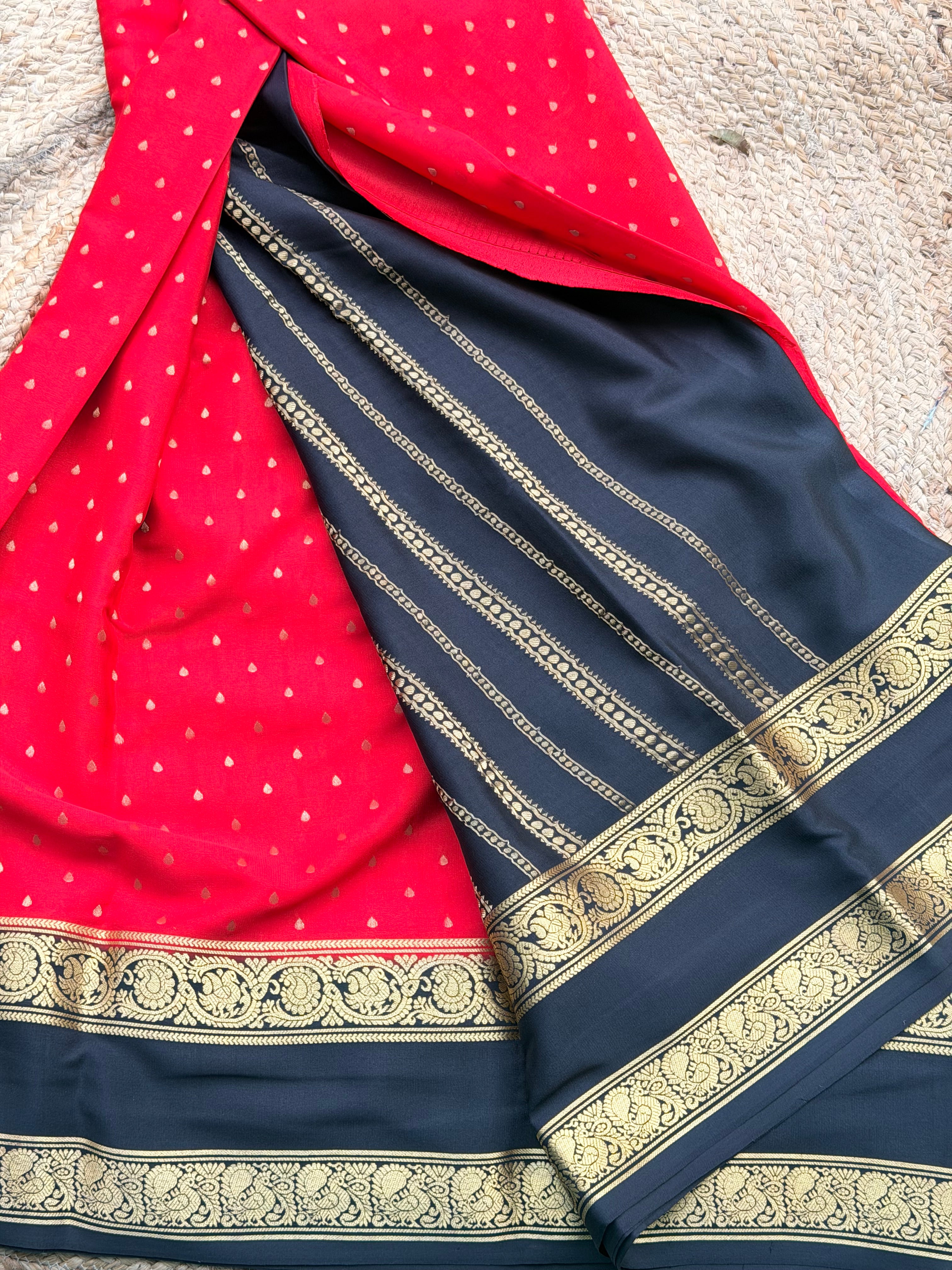 Red and black 1000 butta pure crepe Mysore silk 120 gsm