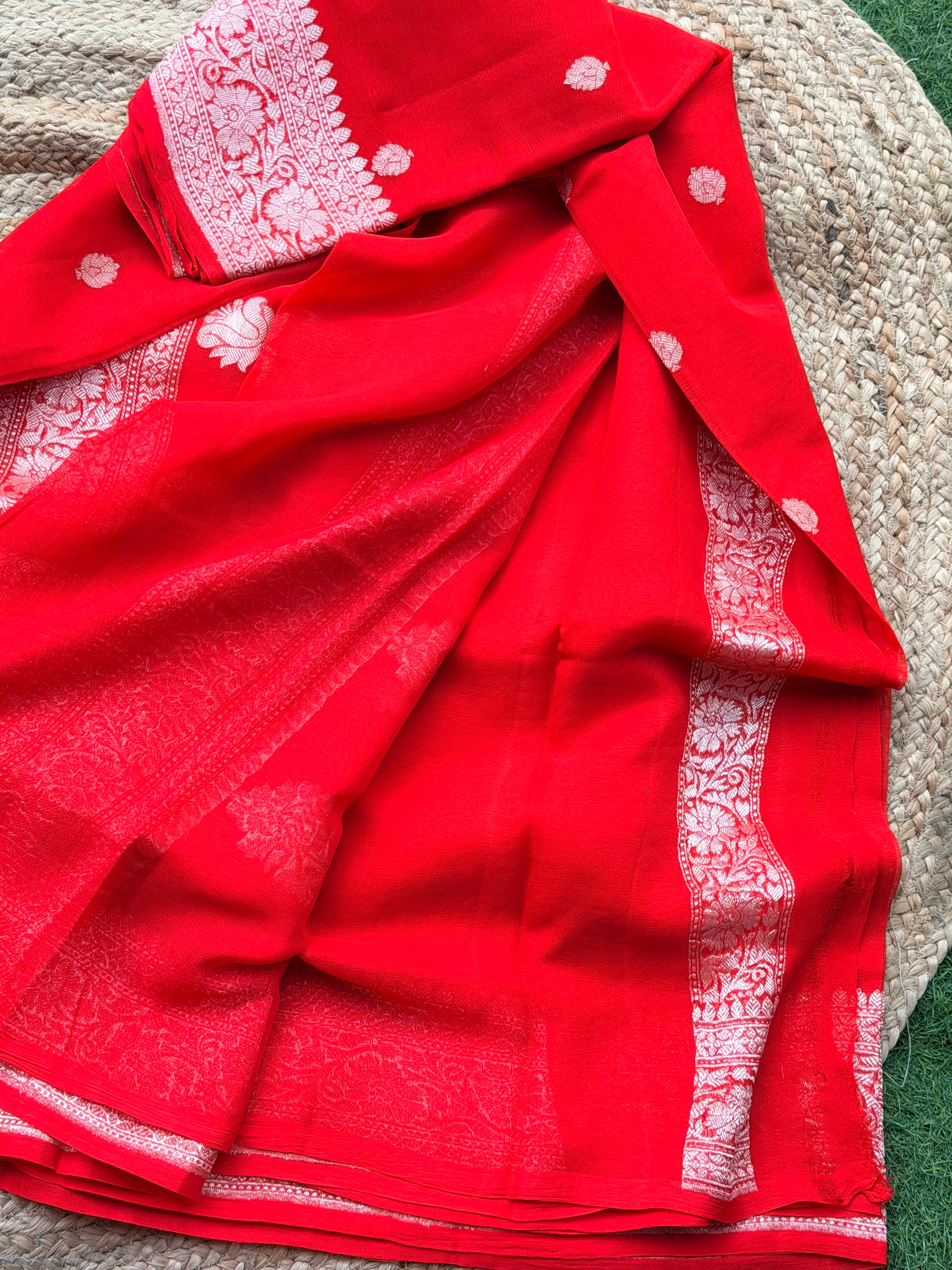 Red Banarasi pure khadi chiffon saree sliver zari woven