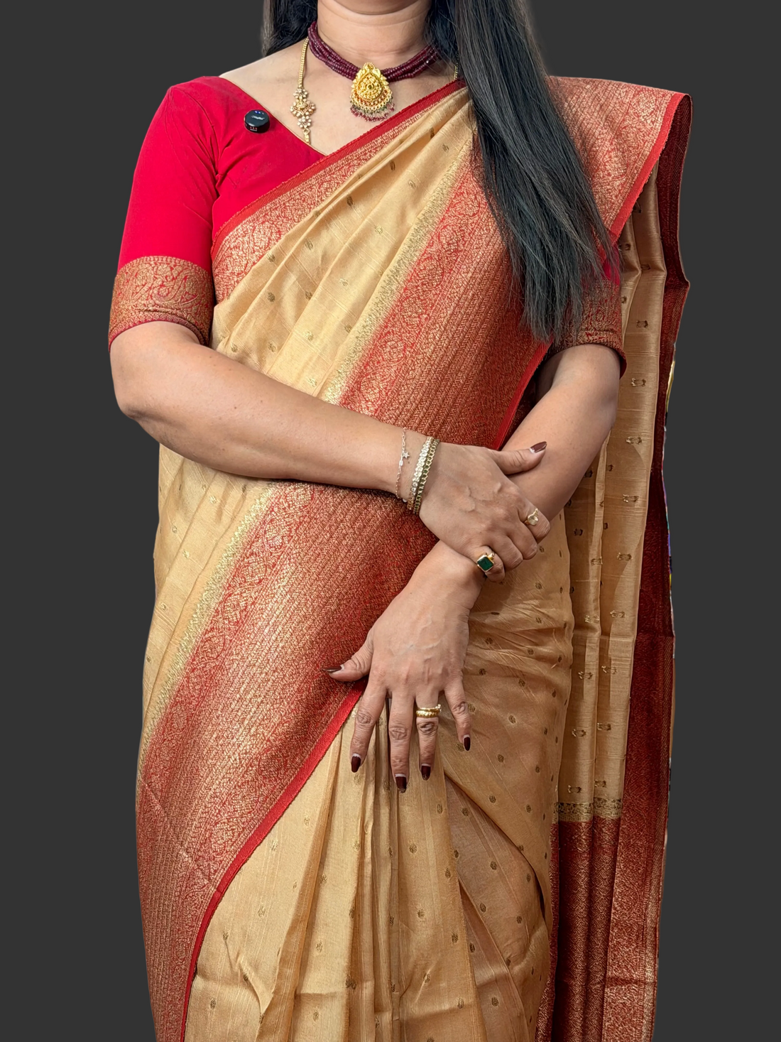 Beige contrast small butta Tussar saree (STS107)
