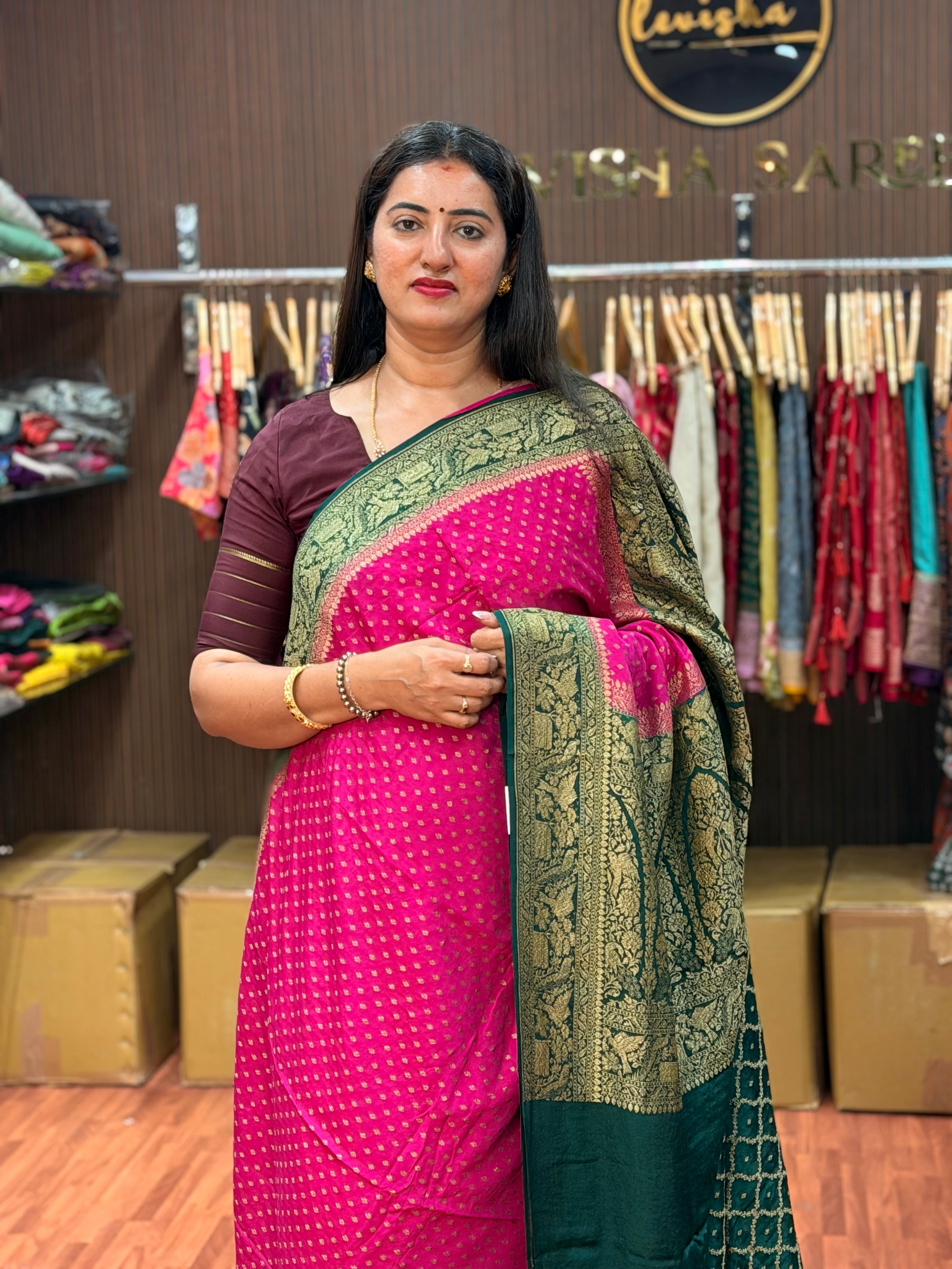Pink and green pure crepe Banaras silk sarees