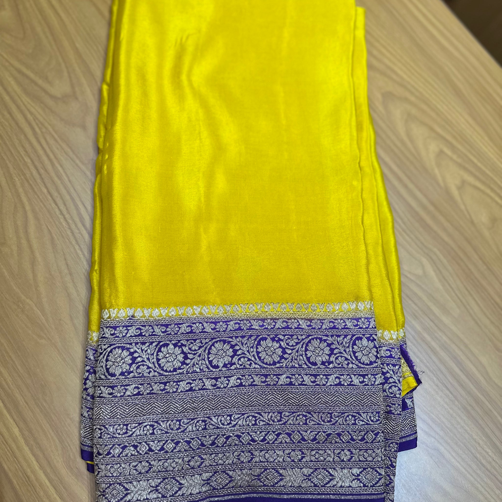 Yellow and purple pure crepe Banaras silk sarees