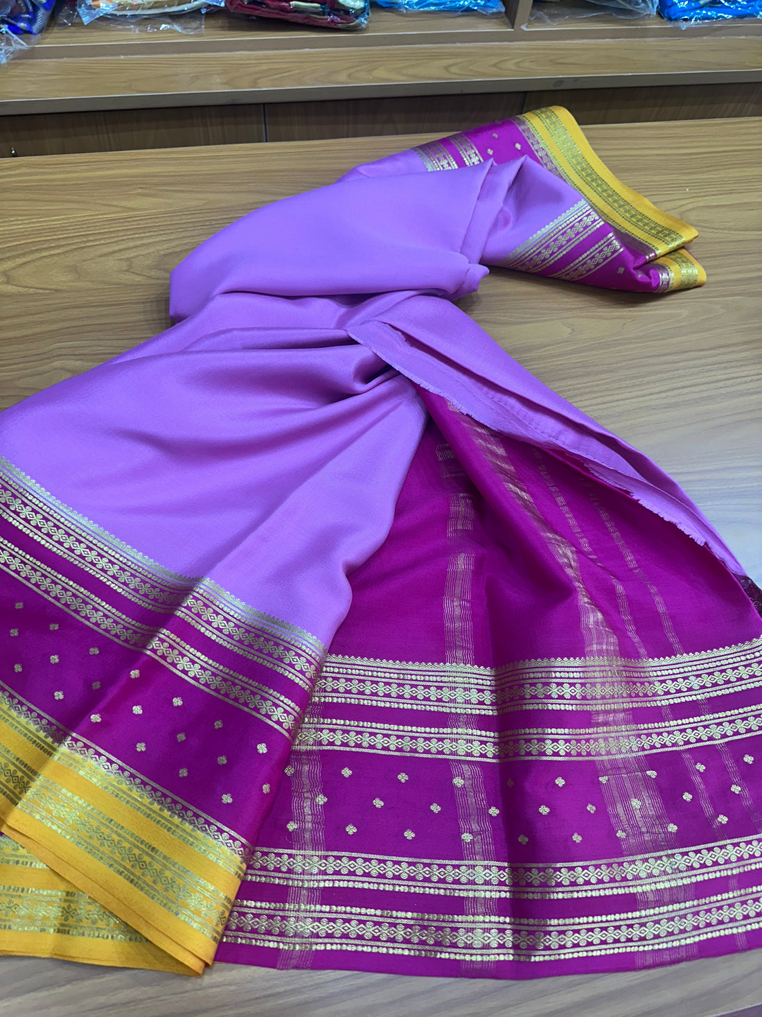 Lavender with pink pure crepe Mysore Silk 120 gsm