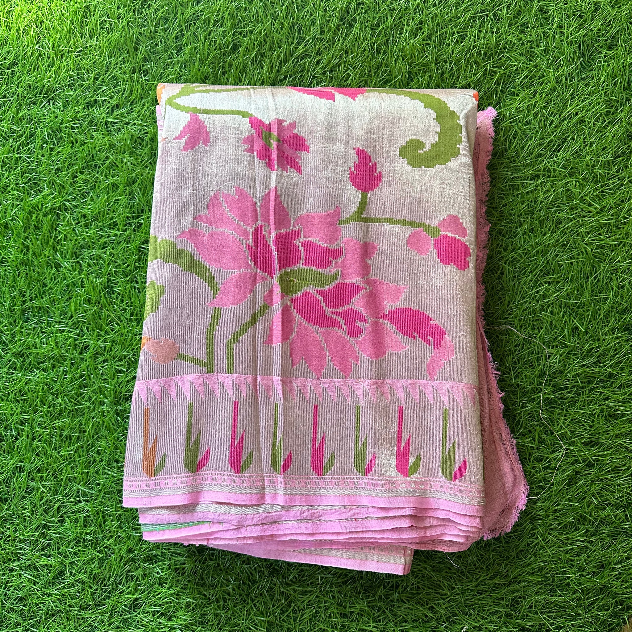 Pastel pink pure tusser tissue georgette with Paithani weaving muniya border.