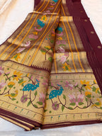 Brown pure paithani swan & peacock border saree