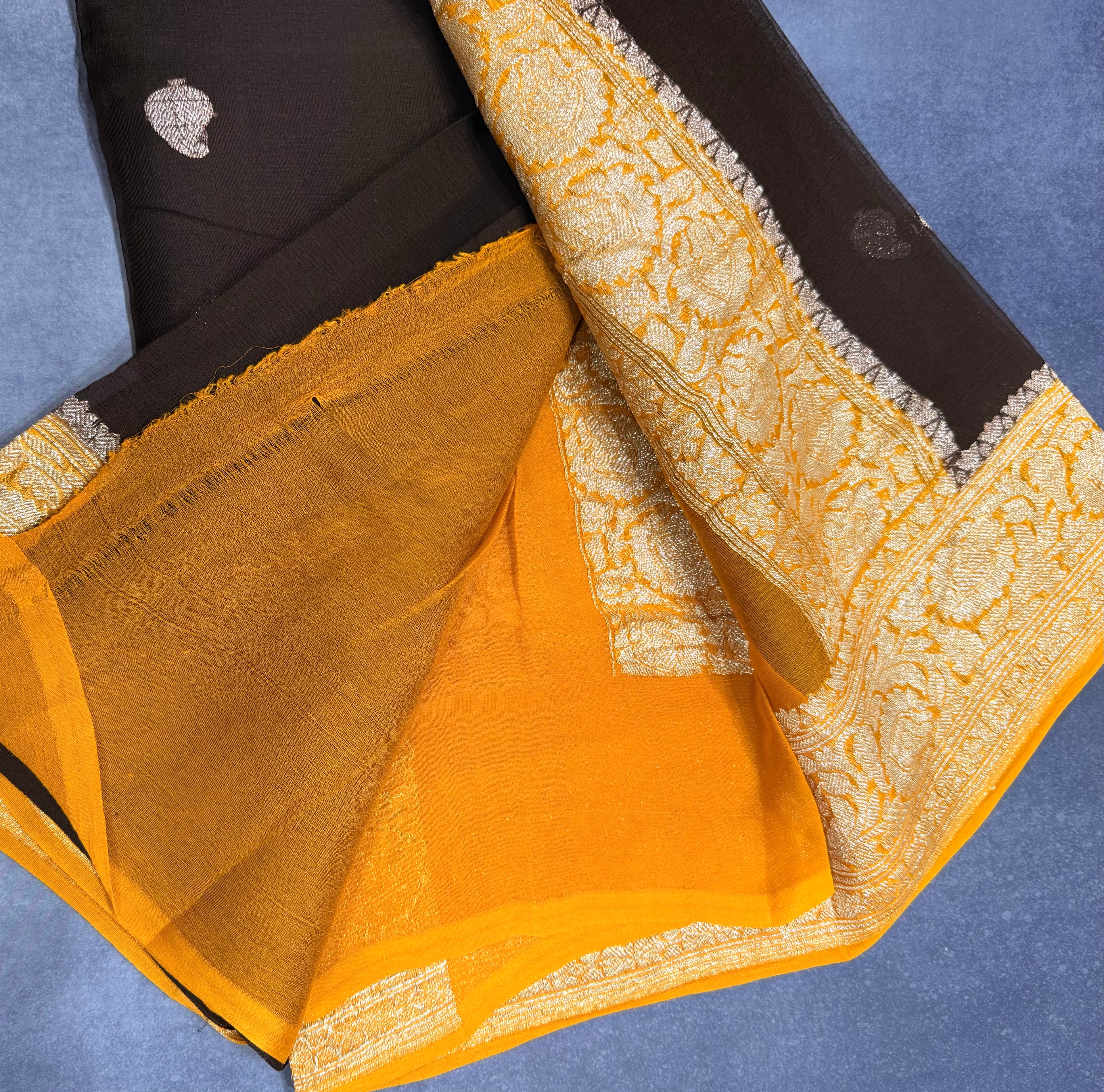 Dark coffee brown Banarasi pure khadi chiffon saree sliver zari saree