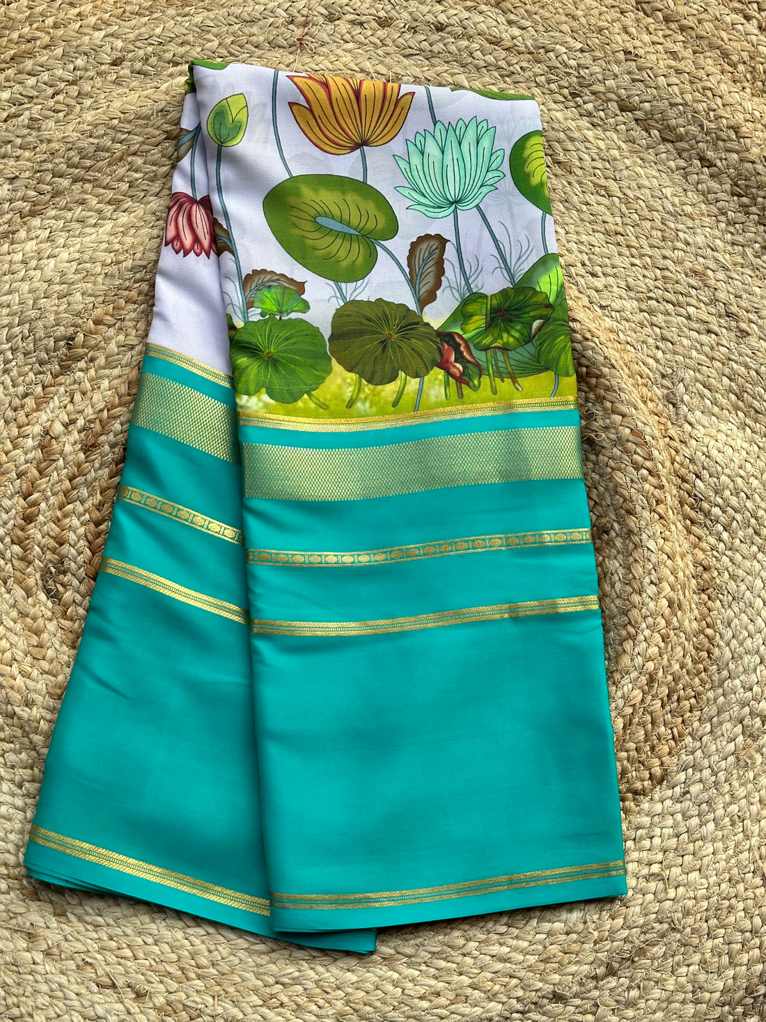 Rama blue with digital kalamkari prints pure crepe Mysore Silk sarees 120 gsm