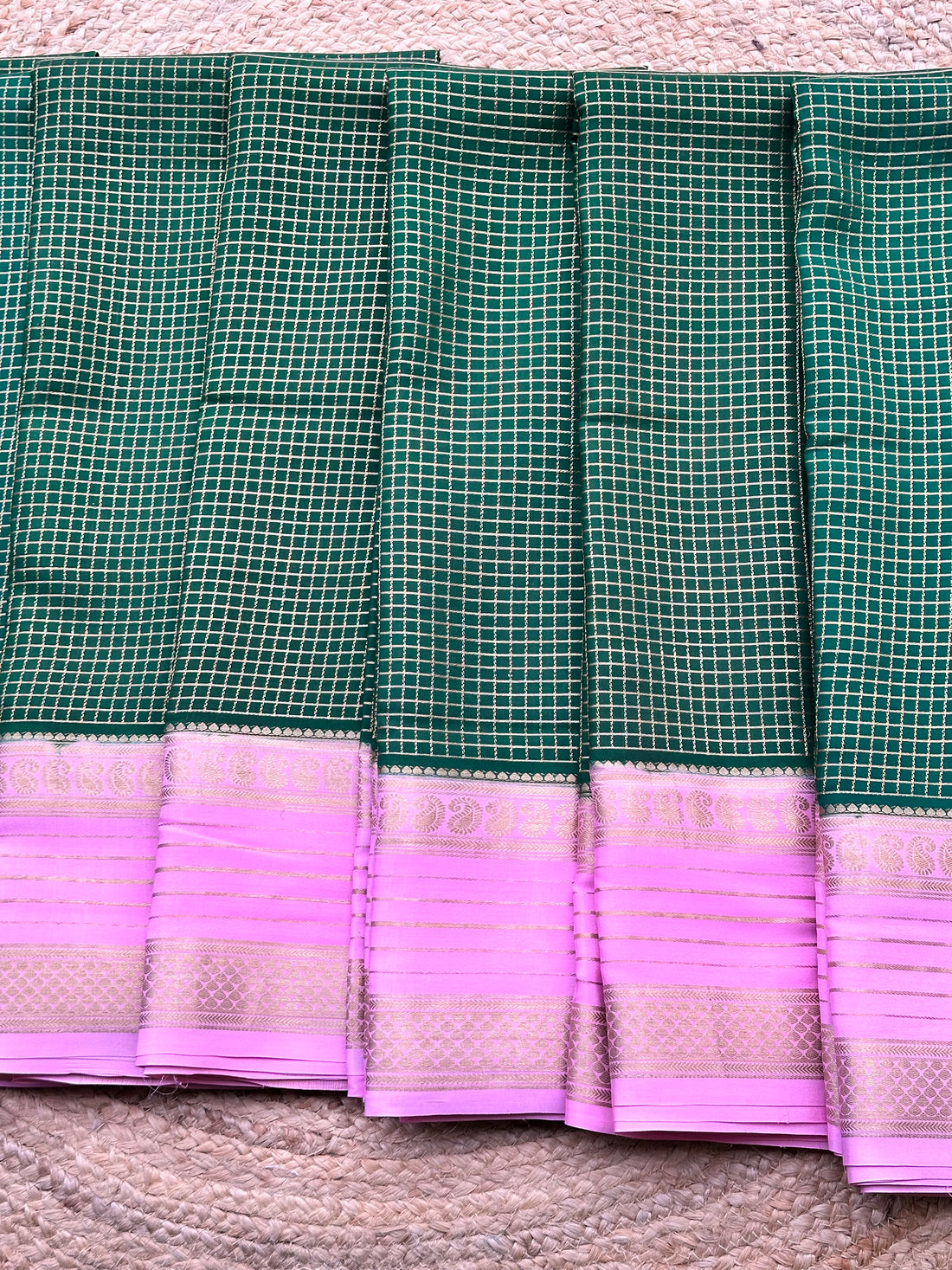 Green and lotus pink,pure crepe Mysore Silk sarees 130 gsm