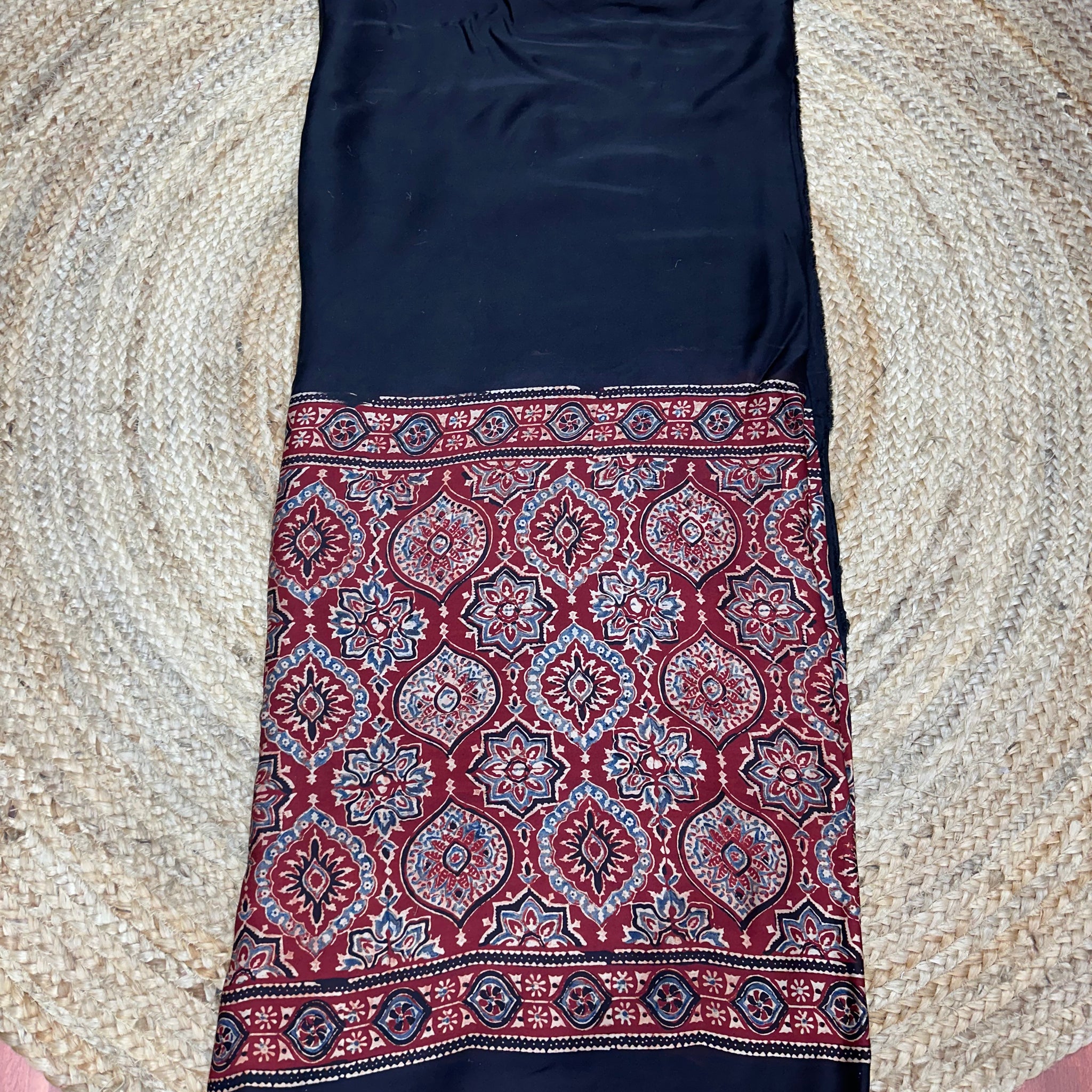 Black and maroon pure Ajrak modal silk half and half pattern
