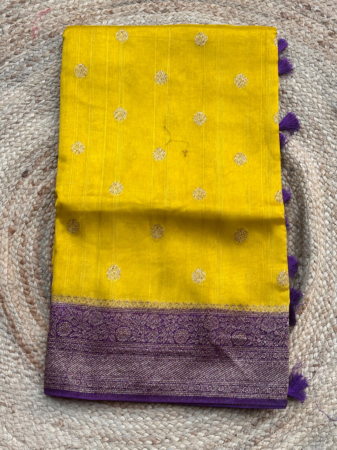 Mustard and purple tusser silk sarees with brocade blouse