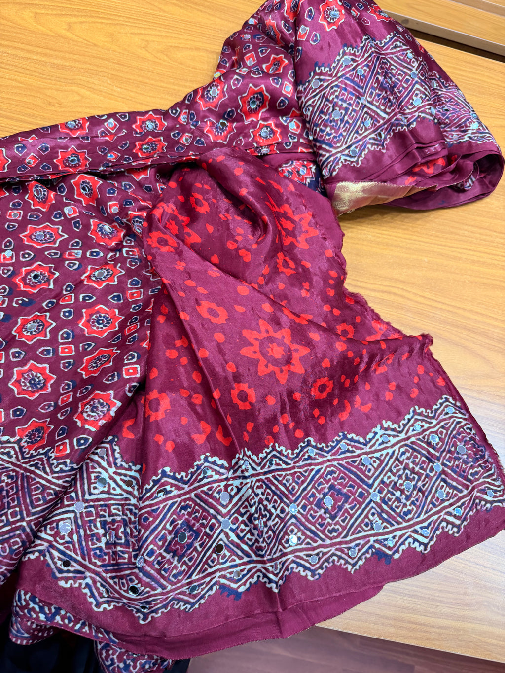Maroon Pure ajrak mirror work saree with tissue pallu