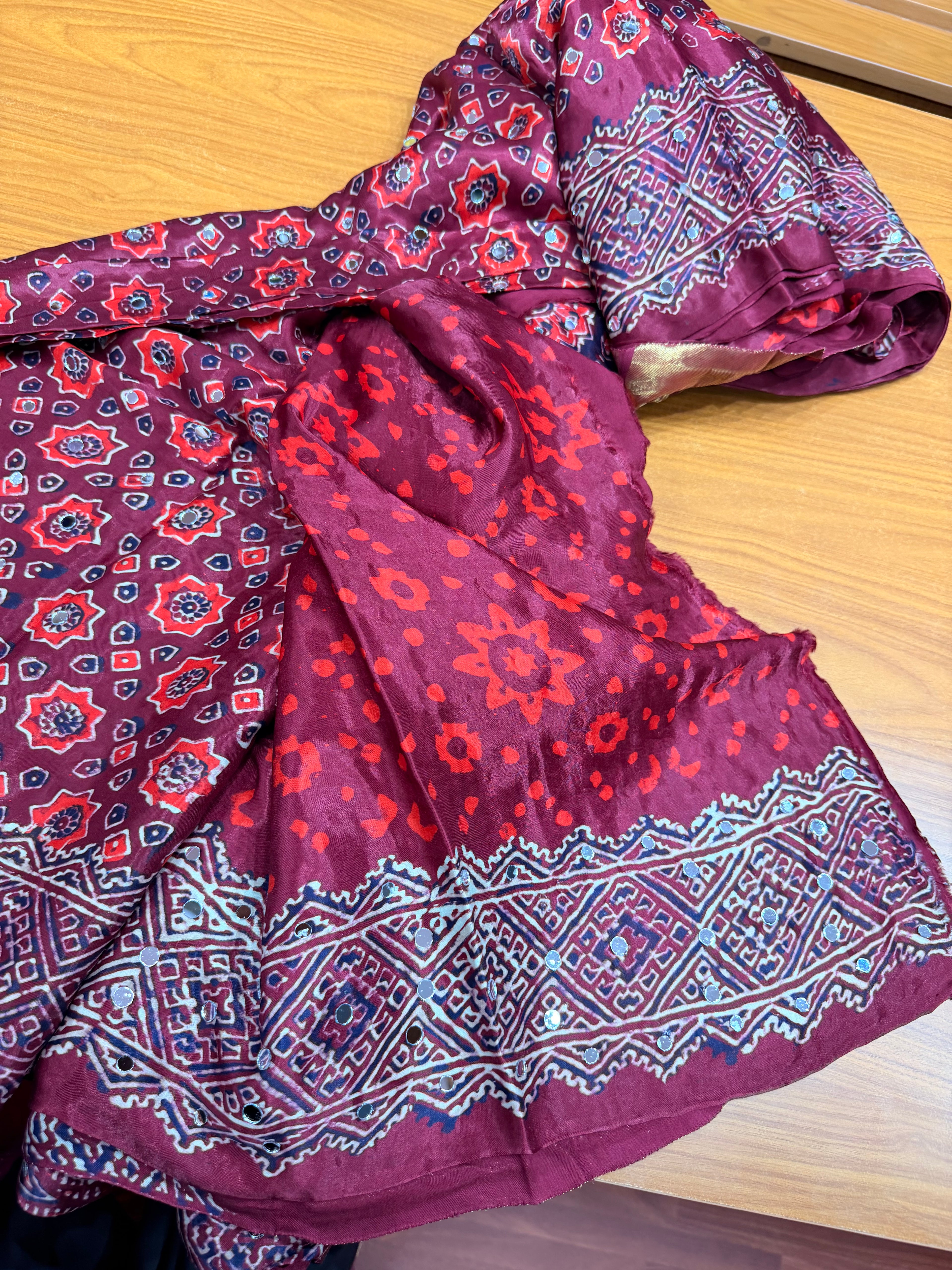 Maroon Pure ajrak mirror work saree with tissue pallu