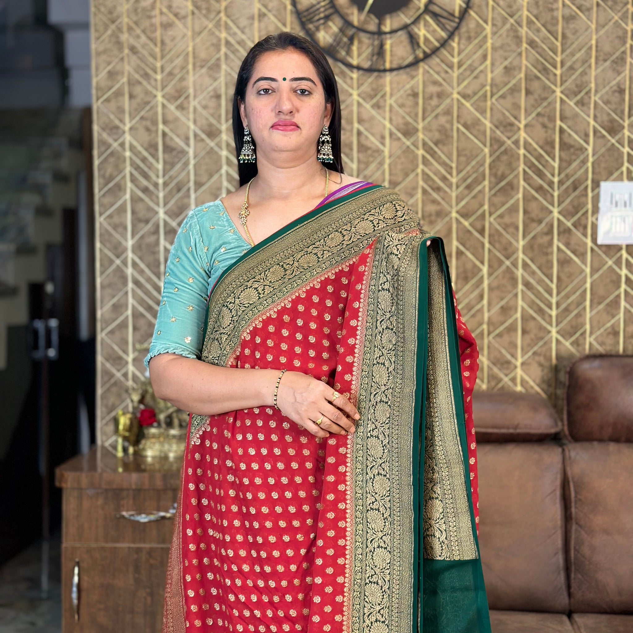 Red with green pure khaddi Georgette sarees.