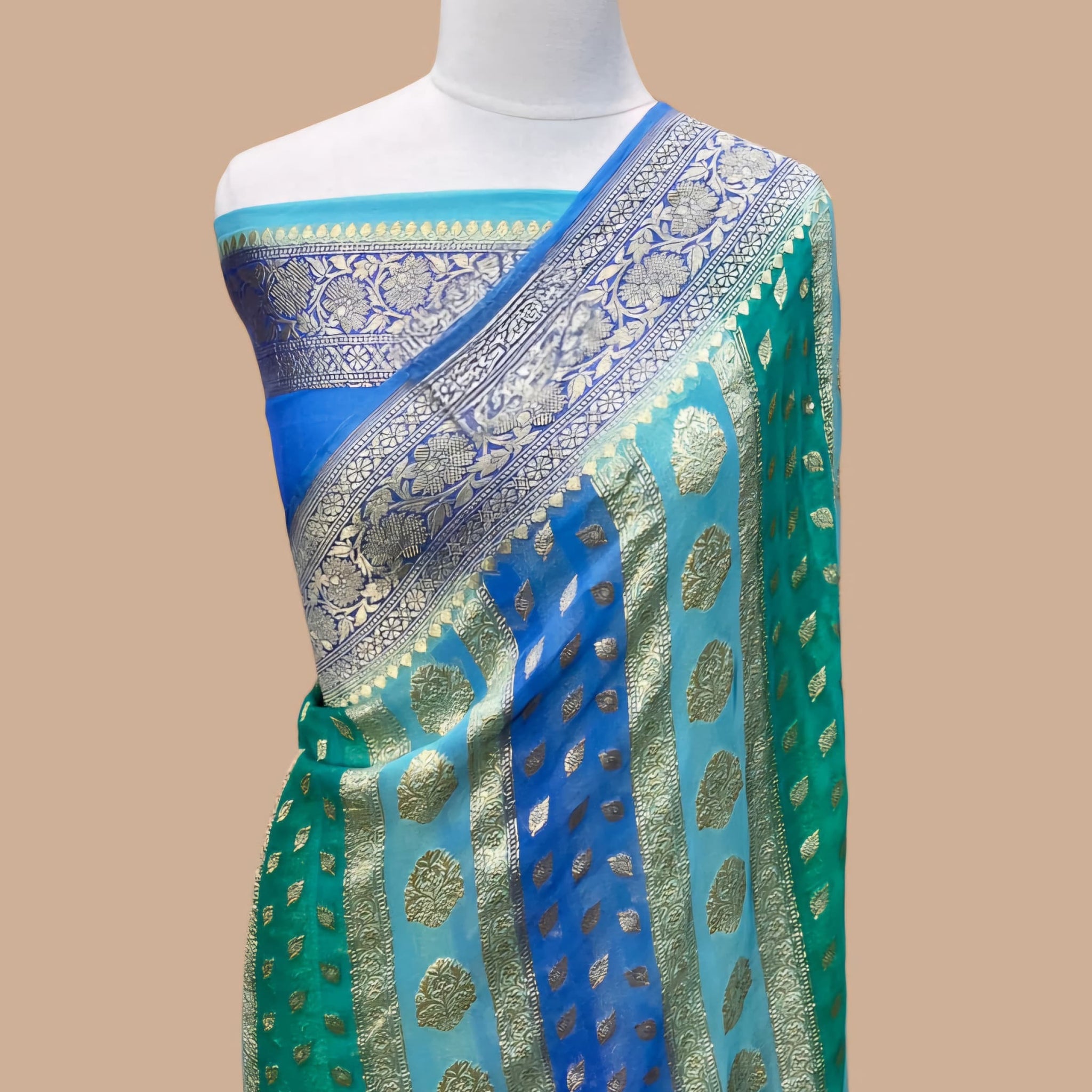 Blue and green Pure khaddi Georgette hand brush water zari