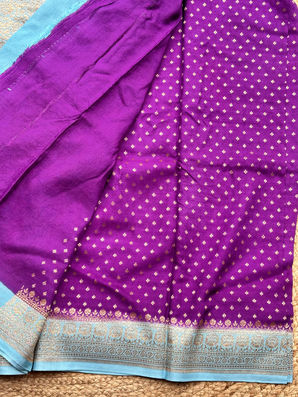 Purple and sea blue crepe chiffon Banarasi sarees