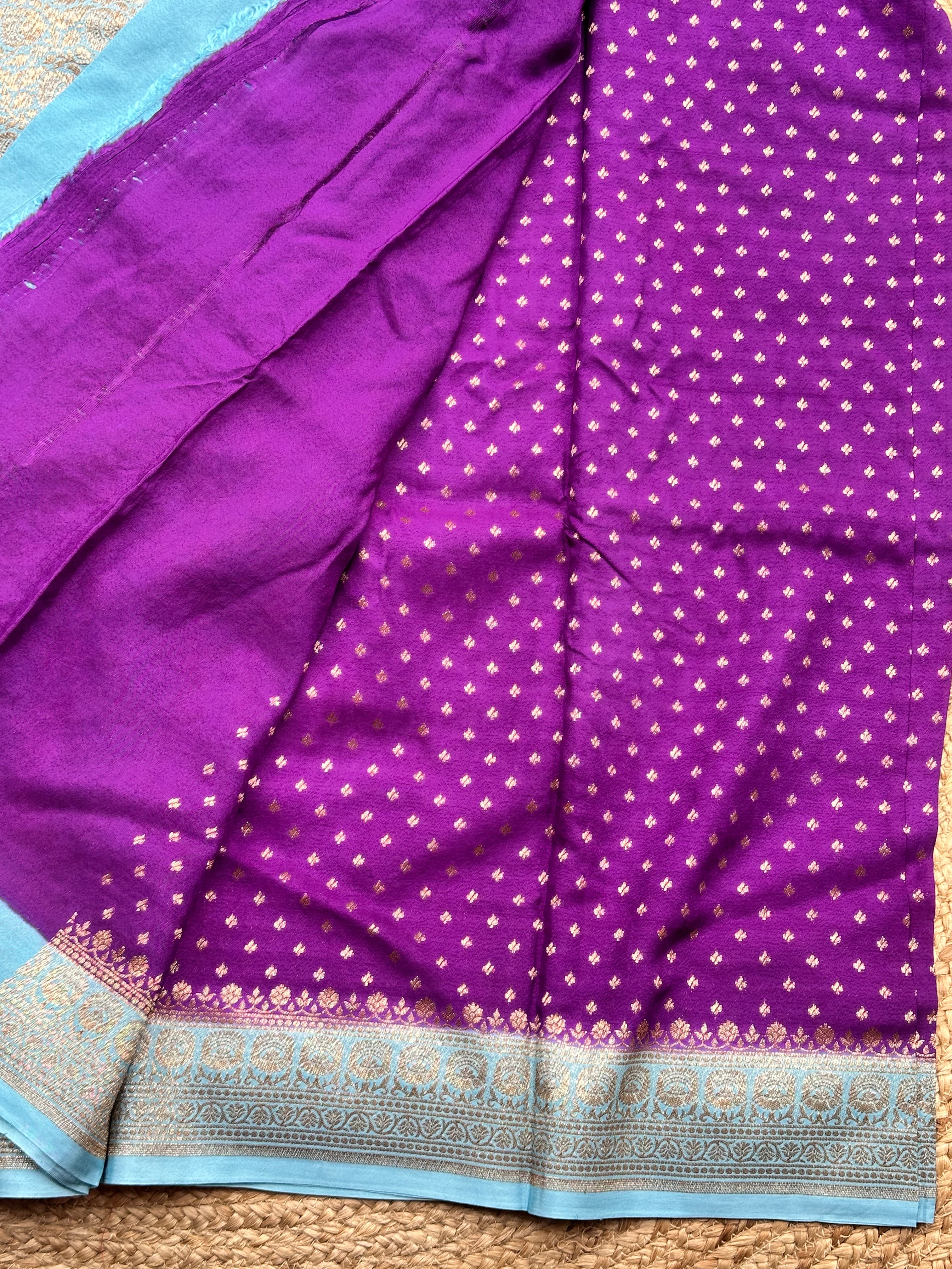 Purple and sea blue crepe chiffon Banarasi sarees