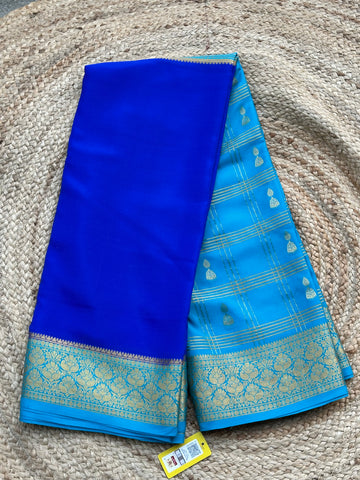 Royal blue and sky blue jumka pattern pure crepe Mysore Silk sarees 140 gsm