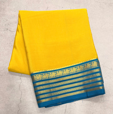 Neon yellow stripes border pure Mysore silk crepe saree