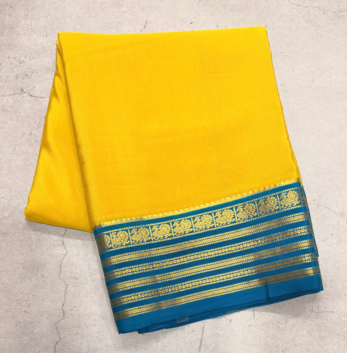 Neon yellow stripes border pure Mysore silk crepe saree