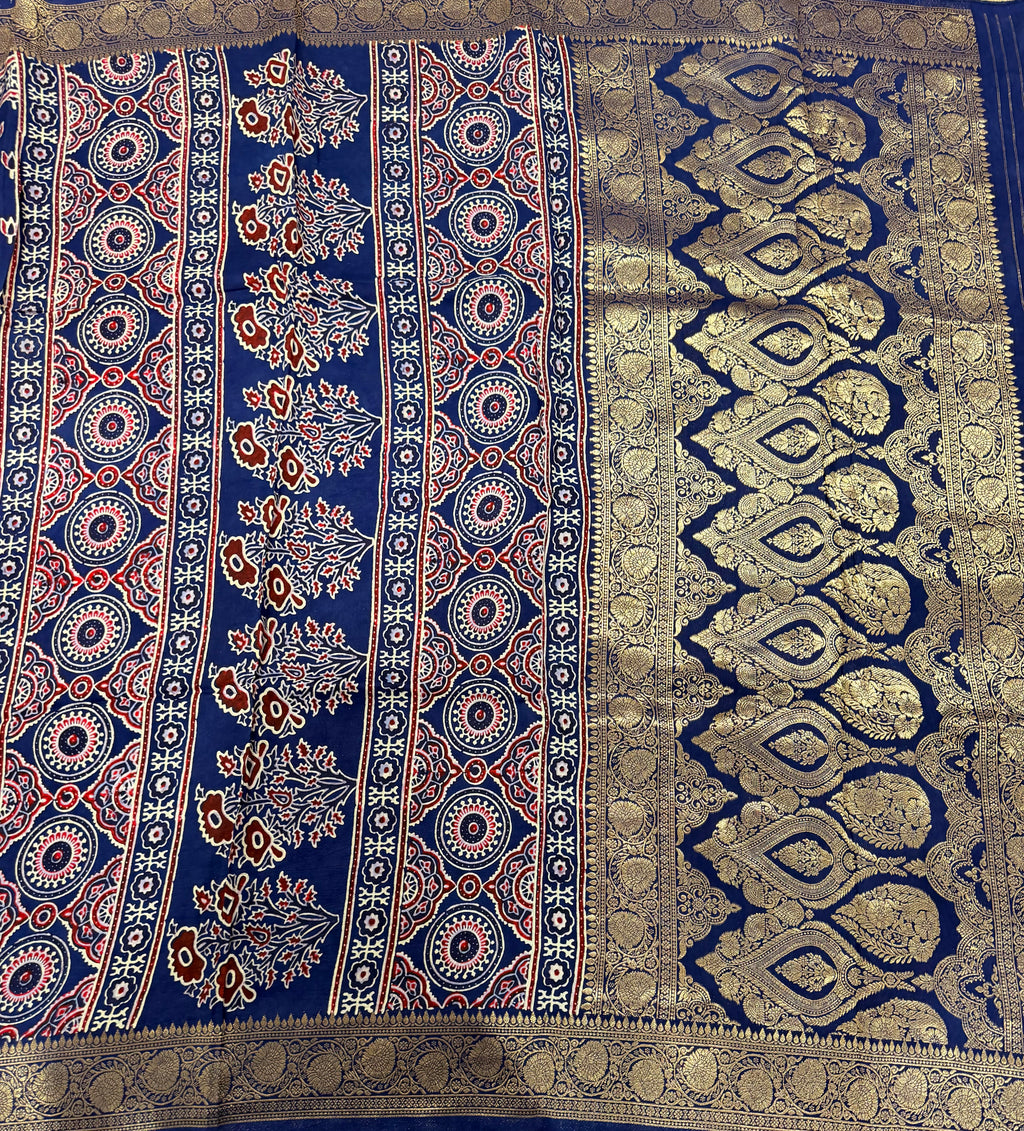 Navy blue small butta Kanchi border pure Ajrak dola sarees