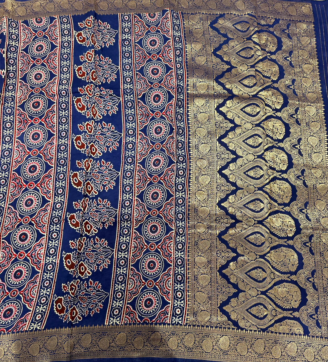 Navy blue small butta Kanchi border pure Ajrak dola sarees