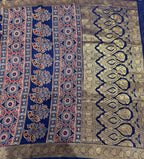 Navy blue small butta Kanchi border pure Ajrak dola sarees