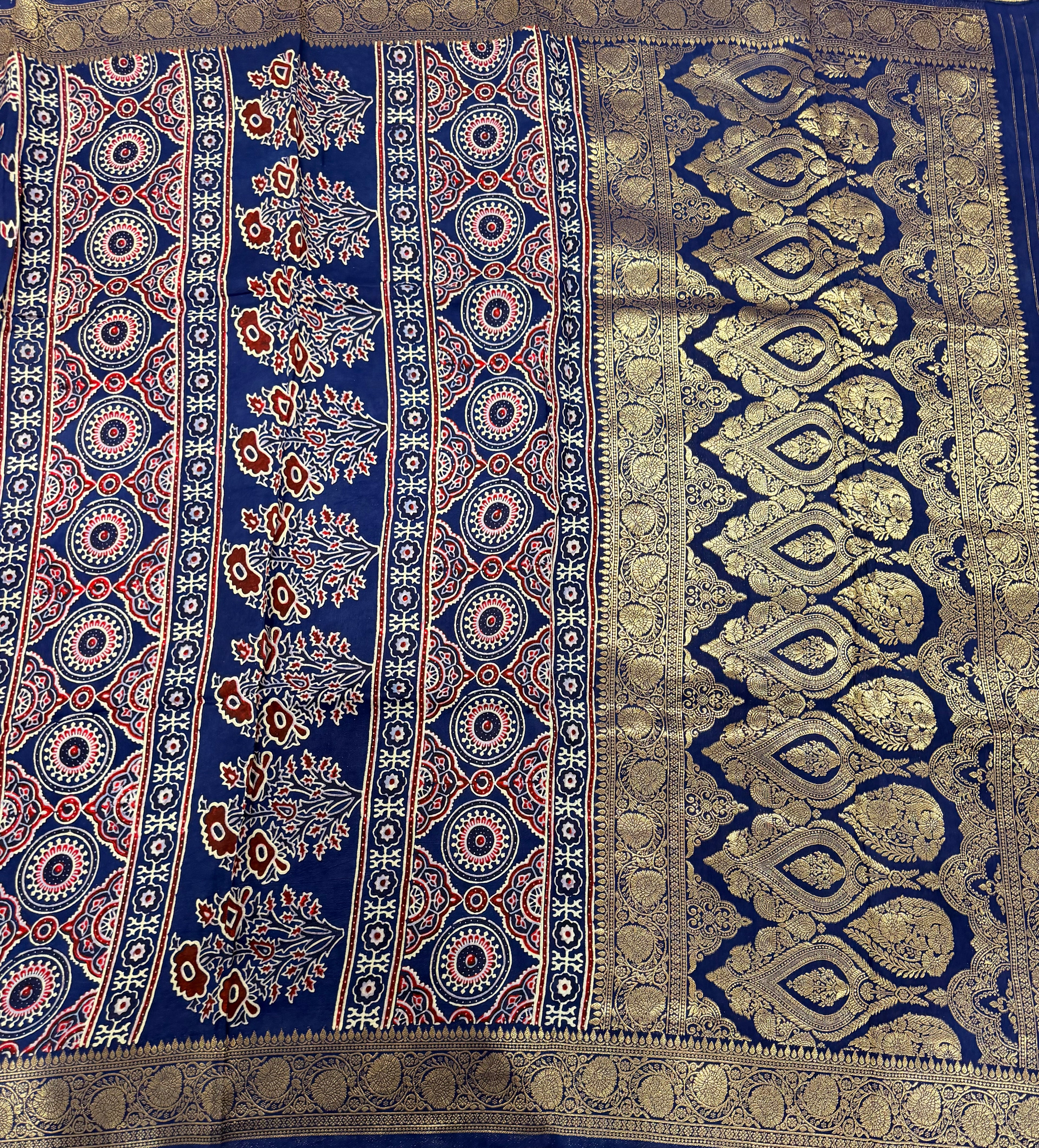 Navy blue small butta Kanchi border pure Ajrak dola sarees