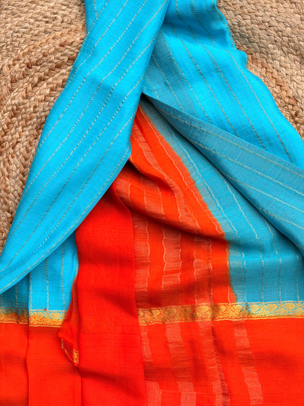Sky blue with orange pure wrinkle crepe silk certified