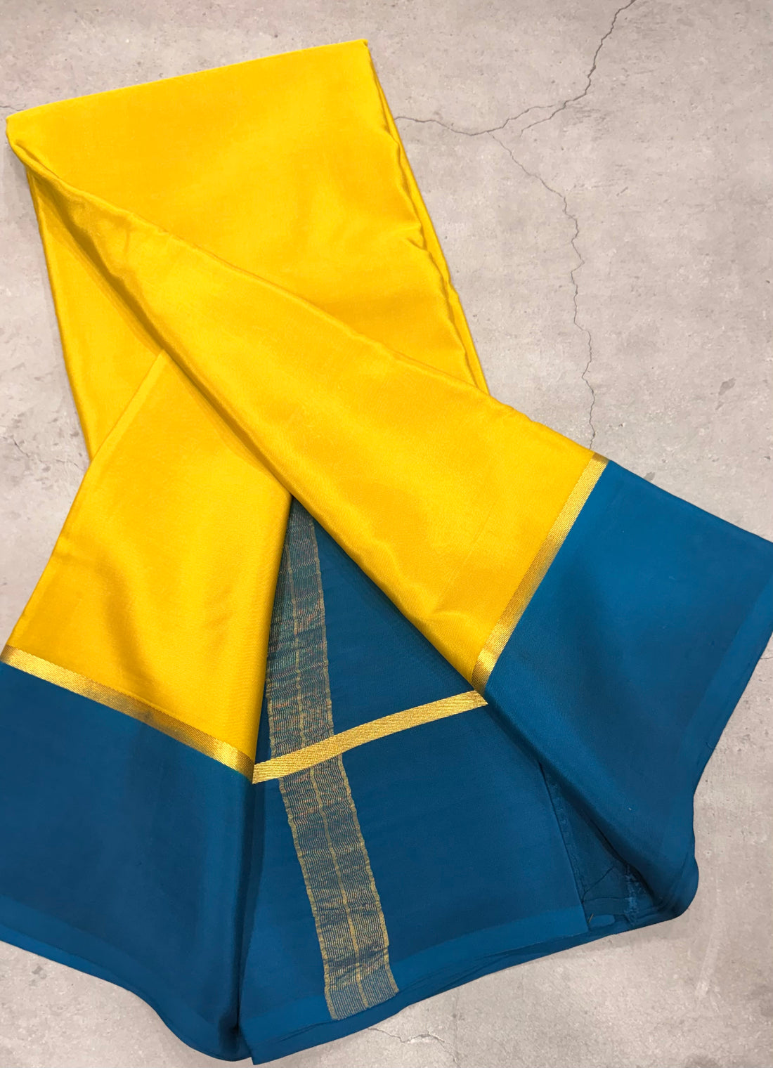 Yellow contrast border pure Mysore silk crepe saree