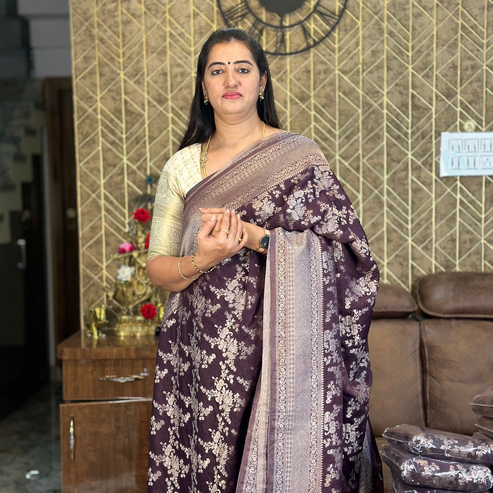 Chocolate brown crushed georgette sarees.