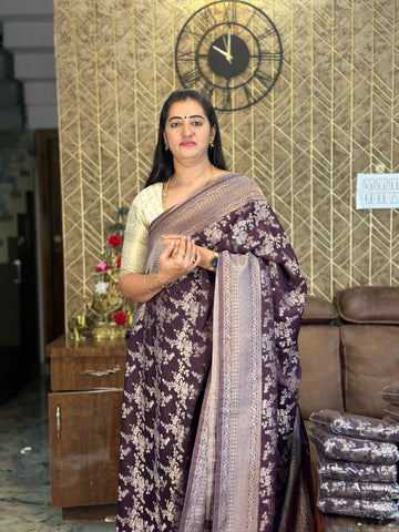 Chocolate brown crushed georgette sarees.