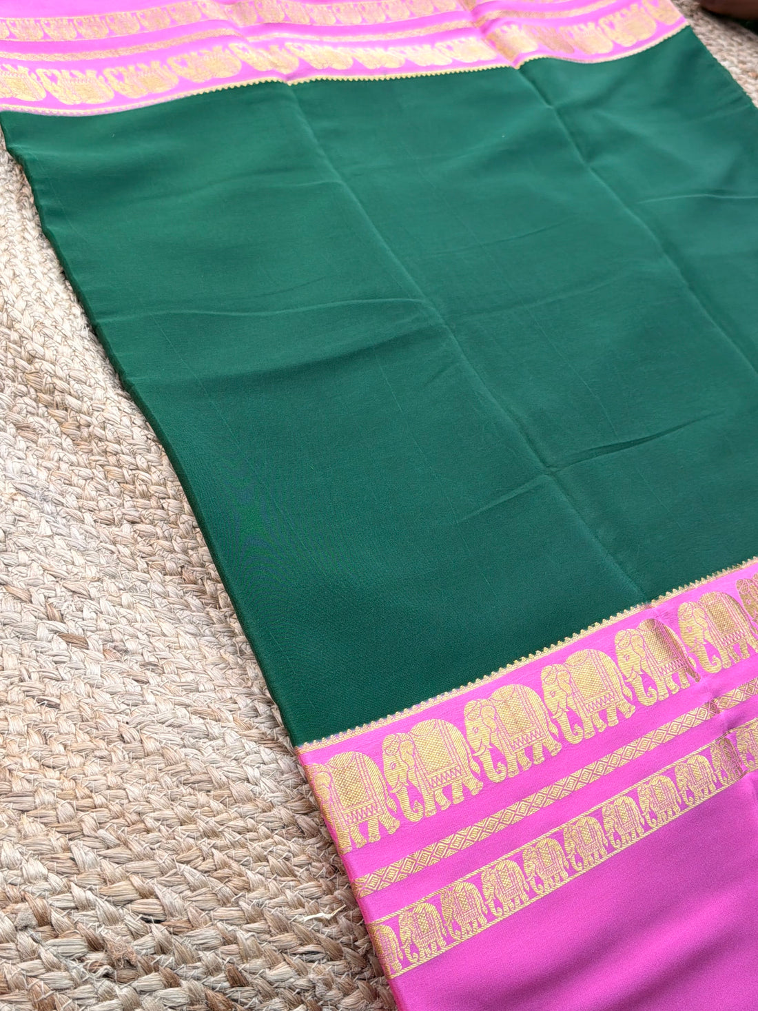 Mysuru Silk Crepe- Elephant 3 D Border (120 gsm) Bottle Green with pink and maroon border